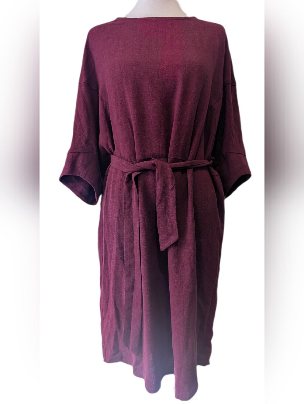 Cokluch Midi Linen Viscose Blend Belted Kimono Dress Burgundy Wine -M-